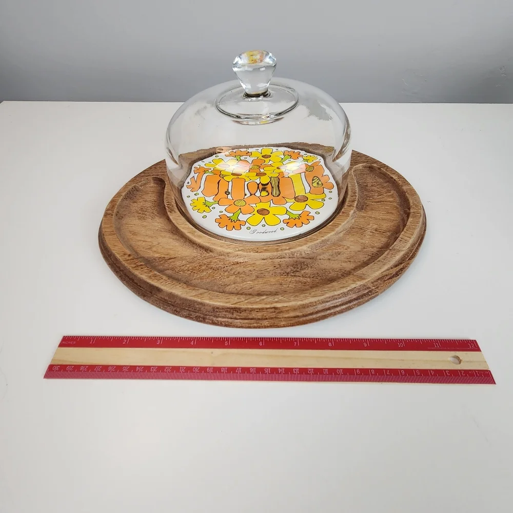  Goodwood Teak Wood Cheese Tray  Glass Cloche Dome Floral Daisy Tile - Picture 5 of 6